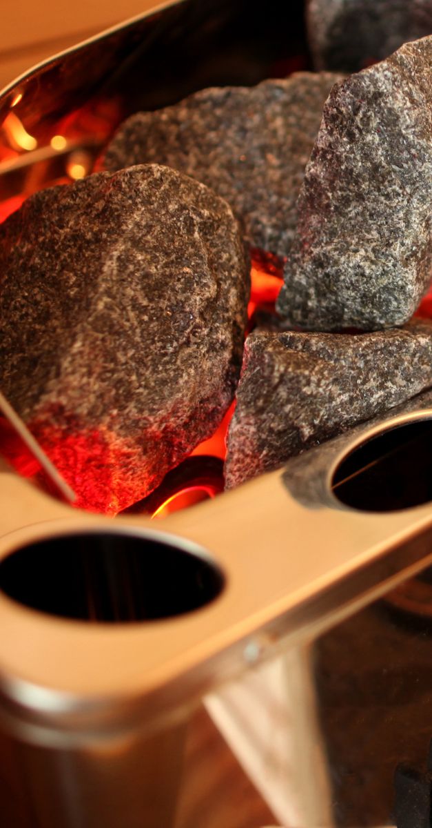 STAINLESS SAWO SAUNA HEATER FINNISH OLIVINE DIABASE STONES CLOSEUP
